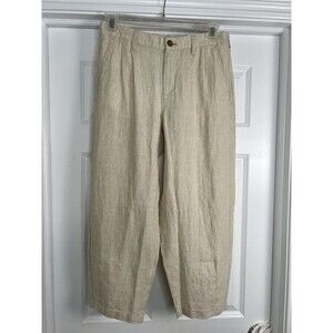 Land’s End Women Linen Barrel Leg Pants 8P Petite Cream High Rise Champagne New